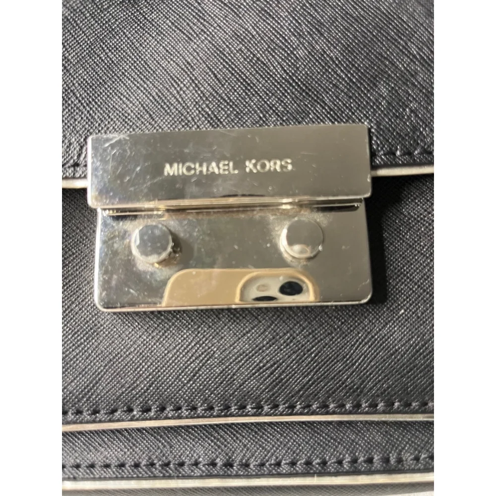 Michael Kors Sloan Specchio Shoulder Flap Bag Black Saffiano Leather Silver Trim